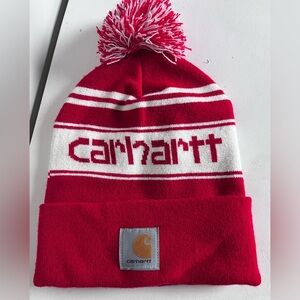 Carhartt knit pom-pom cuffed logo Retro Striped beanie hat Red White